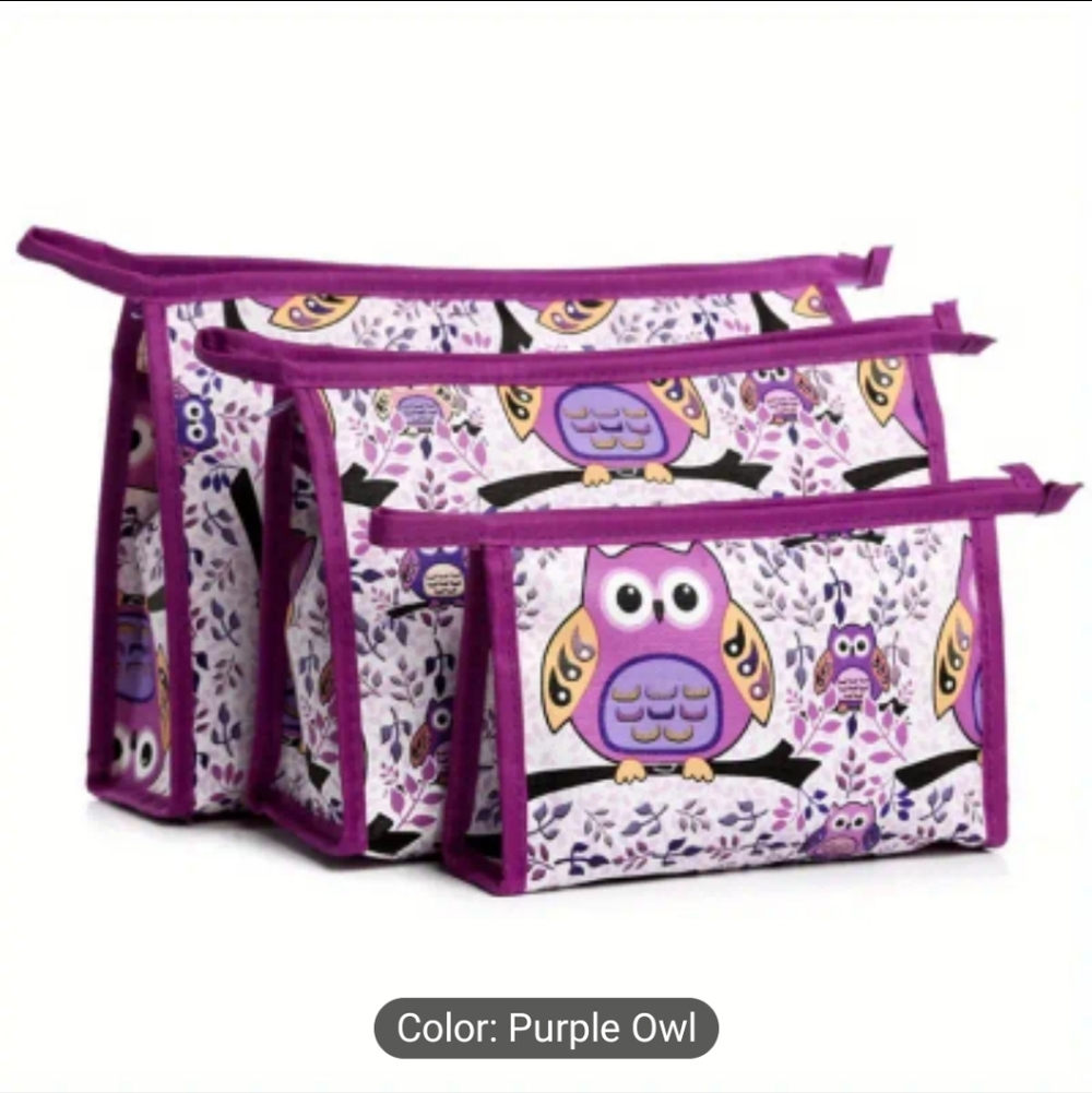 Purple Owl Print Cosmetic Bags 3pc Set